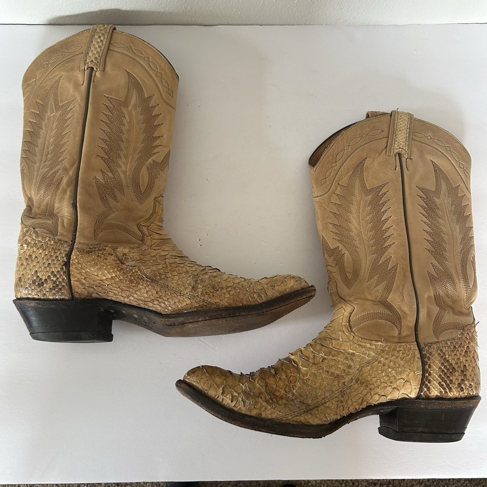 Tony Lama Snakeskin Cowboy Boots Mens 9.5 D Tan Good Exotic Leather Western 8721 - Picture 10 of 12